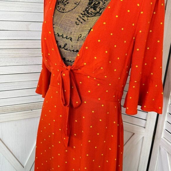 Free People All Yours Polkadot Flounce Sleeve Mini Dress Orange V Neck 4 - Picture 8 of 15